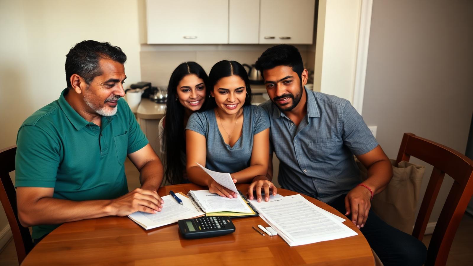 Casal organizando as contas da família em planilha na mesa da sala