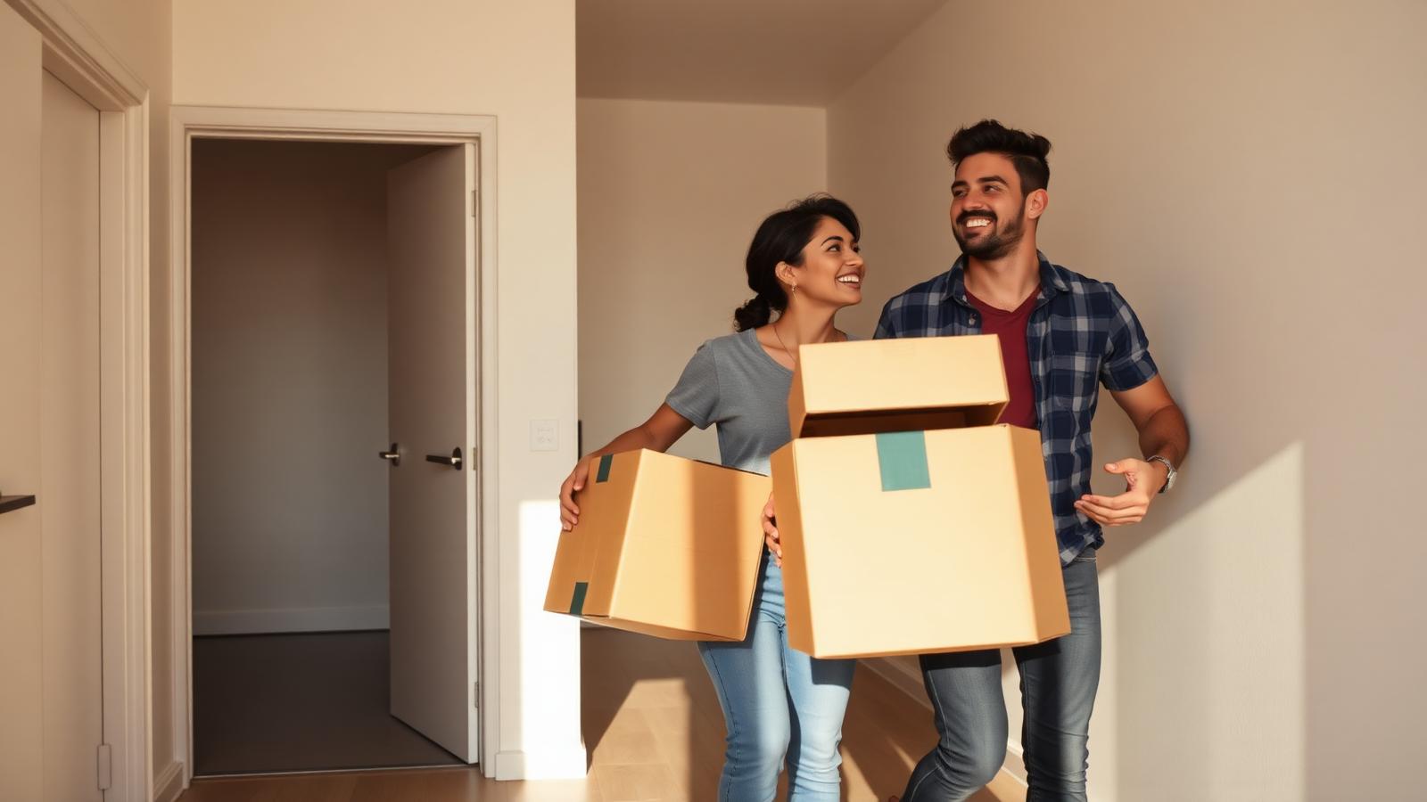 Família carregando caixas de mudança para o primeiro apartamento próprio